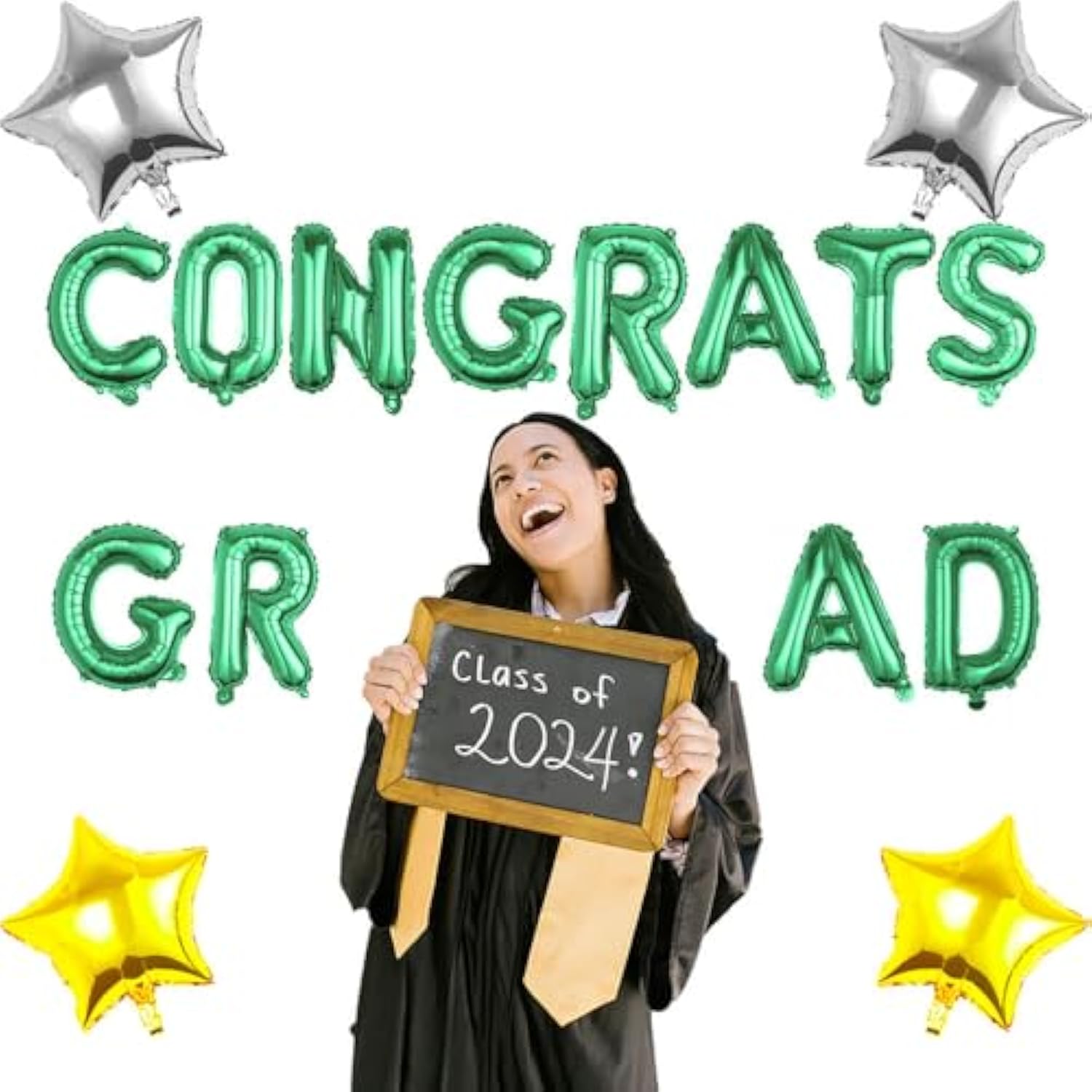 Congrats Grad Green Foil Balloons Star Letters for Graduation Retirement Party