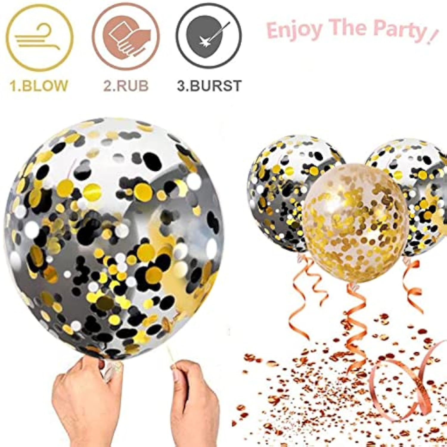 50 Pc Black Gold White Confetti Balloons 12 Inch with Ribbons for Party Decor