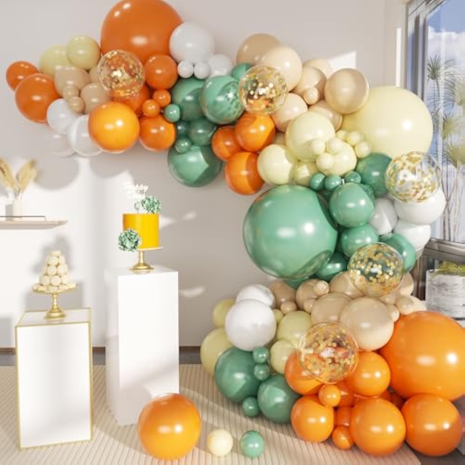 141Pcs Sage Green Orange Balloon Arch Kit Yellow White for Birthday Wedding Baby Shower