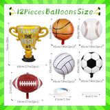 12 Pieces Sports Foil Balloon Set For Baseball Basketball Football Soccer Volleyball Trophy Foil Balloons Sports Birthday Party Balloon For Boy Baby Shower Sports Themed Party Decorations