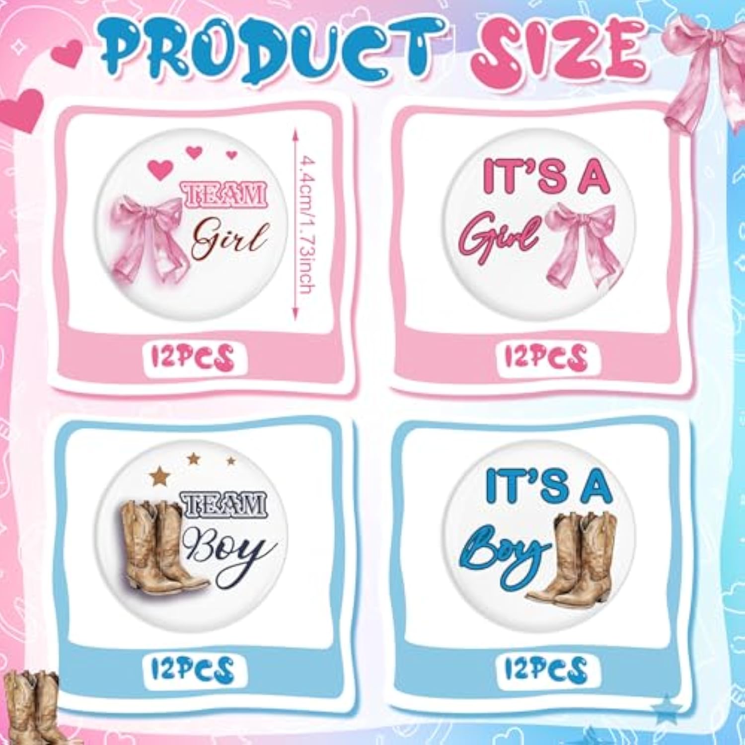 48 Pcs Boots Or Bows Gender Reveal Pins Team Boy Or Girl Pins Western Cowboy Or Cowgirl Gender Reveal Games Decorations Blue And Pink Button Baby Shower Favors For Guests Party Supplies
