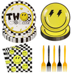 96 Pcs Two Cool Dude Birthday Party Decorations 350 Gsm 2Nd Birthday Party Supplies Tableware Set For Two Year Old Happy Dude Yellow Black Lightening Checkered Party Baby Shower Decor Serves 24 Guests