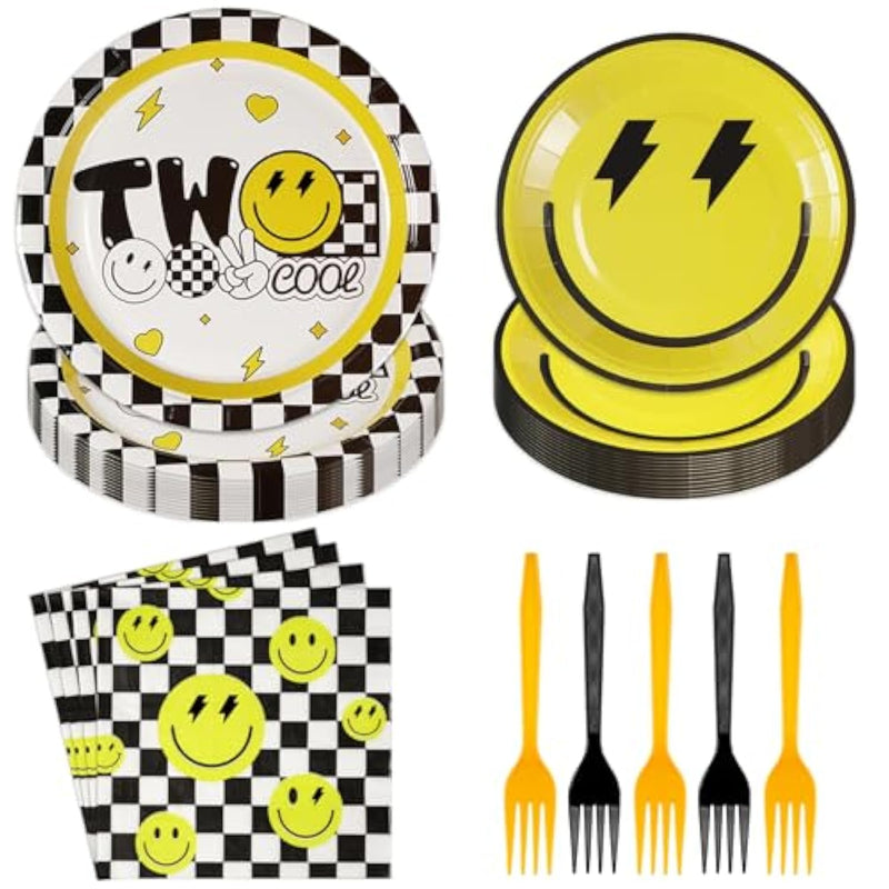 96 Pcs Two Cool Dude Birthday Party Decorations 350 Gsm 2Nd Birthday Party Supplies Tableware Set For Two Year Old Happy Dude Yellow Black Lightening Checkered Party Baby Shower Decor Serves 24 Guests