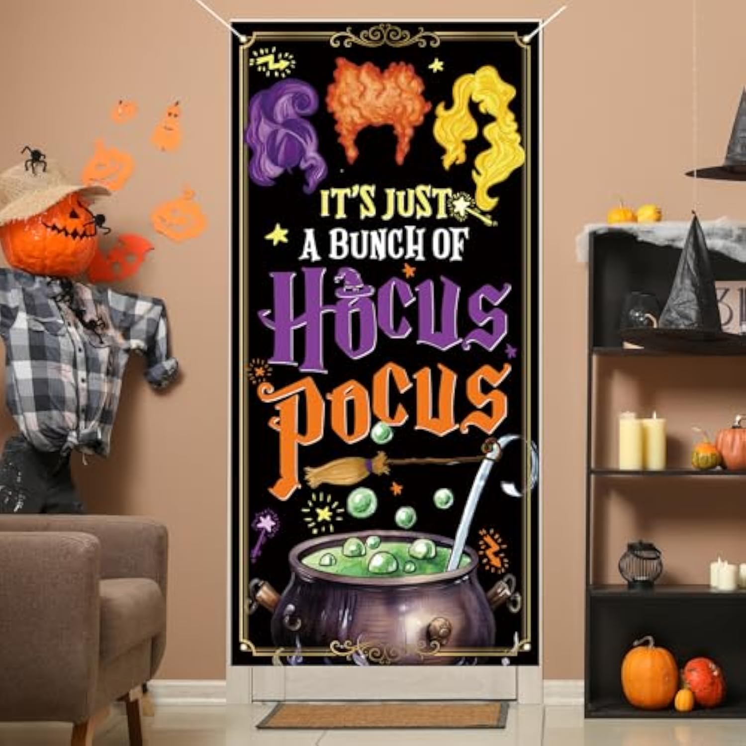 Hocus Pocus Sanderson Sisters Front Door Cover Banner – Spooky Halloween Porch Sign, Home Decorations & Holiday Supplies
