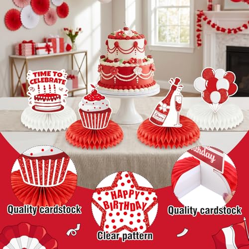 Red White Birthday Honeycomb Centerpieces Decorations 12Pcs Red White Birthday Honeycomb Table Centerpieces Bday Table Topper Sign Decor for Girls Women Home Office Birthday Party Supplies