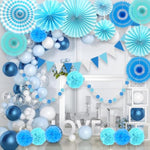 Blue Party Decoration, 21Pcs Blue Hanging Paper Fans, Paper Pom Poms Flowers, Pennant, Garland String, Banner For Boy Birthday, Bridal Shower, Baby Boy Showers, Wedding