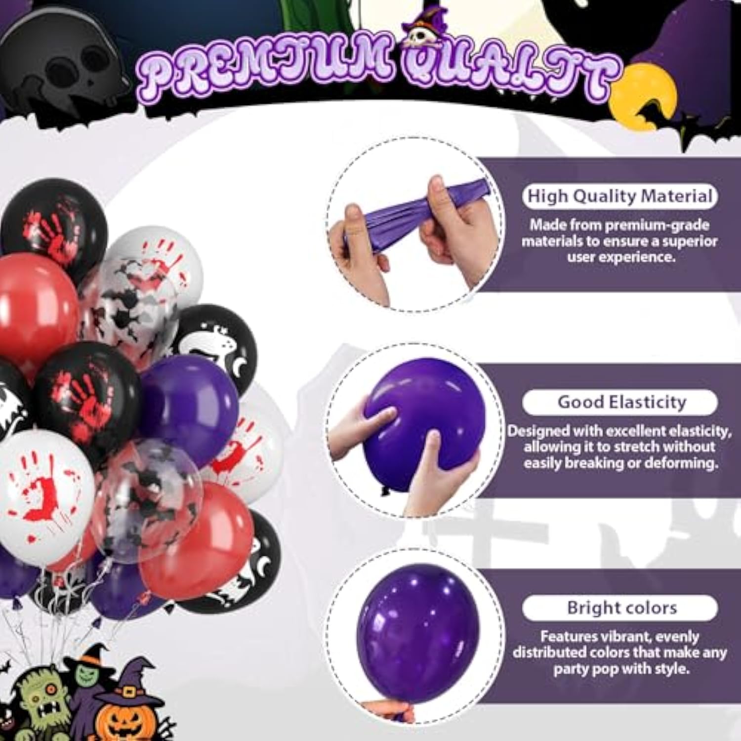 50pcs Halloween Balloons Black Purple Red Bloody Handprint Bat Print Party Decor