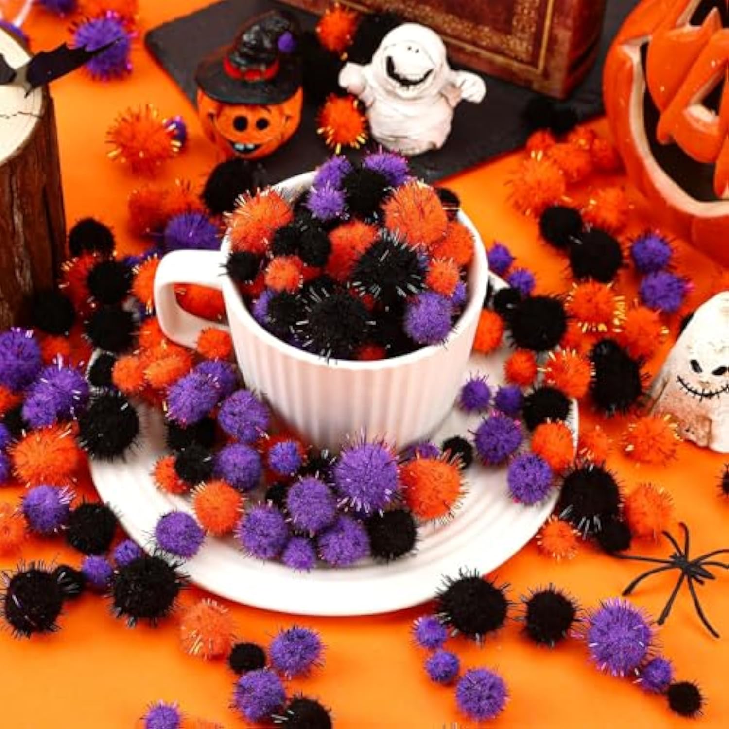 Halloween Pom Poms: Orange, Black, Purple Craft Fluffy Balls (600 Pieces