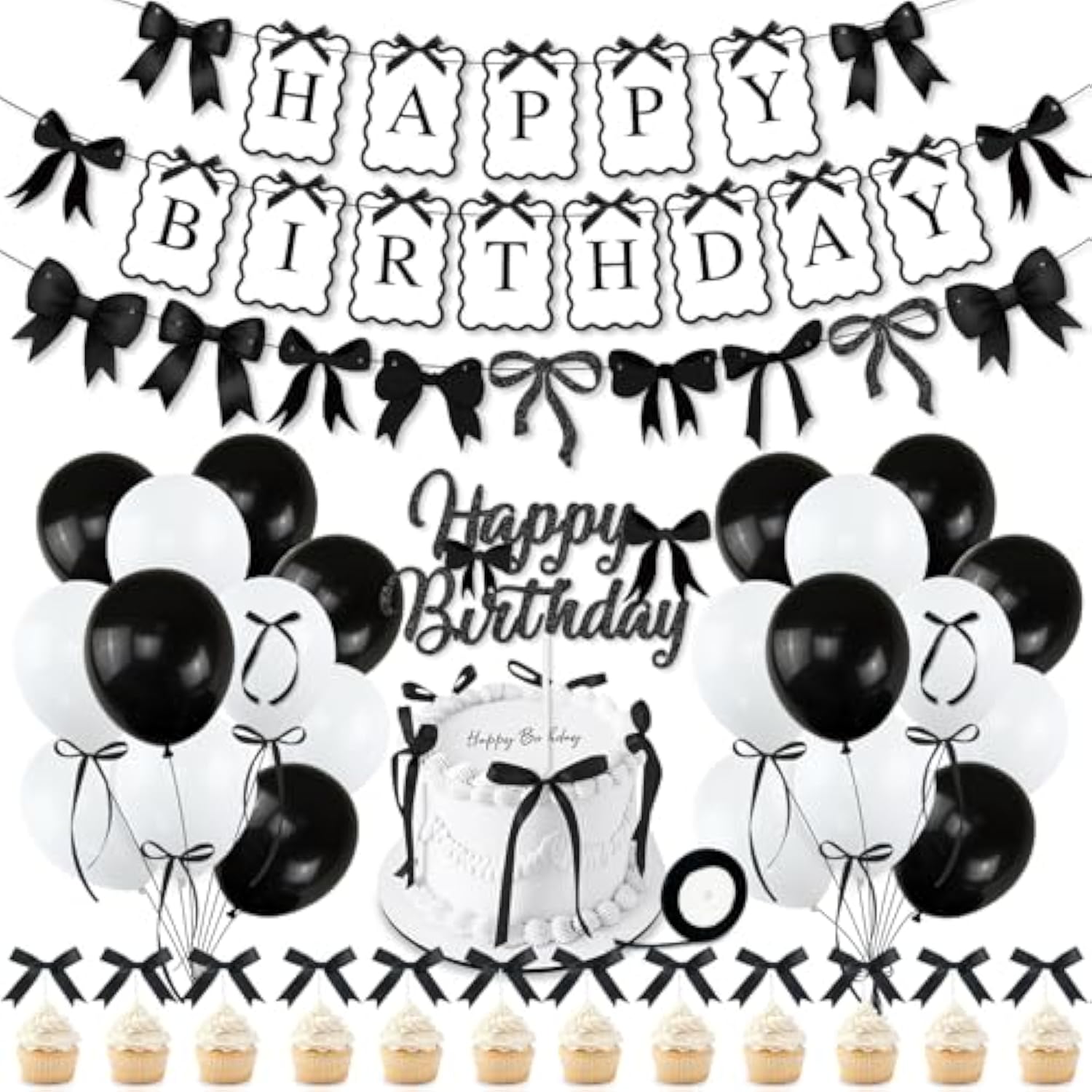 Black Bow Birthday Party Decorations, Bows Happy Birthday Banner Garland, Ribbon Bow Cake & Cupcake Toppers, Black White Balloons And Satin Ribbon For Women Girls Bows Party Decor