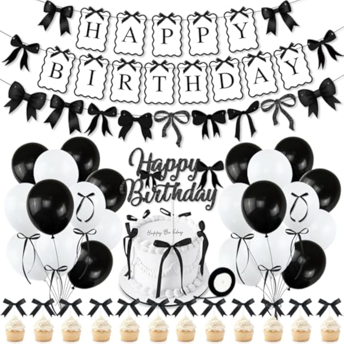 Black Bow Birthday Party Decorations, Bows Happy Birthday Banner Garland, Ribbon Bow Cake & Cupcake Toppers, Black White Balloons And Satin Ribbon For Women Girls Bows Party Decor