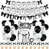 Black Bow Birthday Party Decorations, Bows Happy Birthday Banner Garland, Ribbon Bow Cake & Cupcake Toppers, Black White Balloons And Satin Ribbon For Women Girls Bows Party Decor
