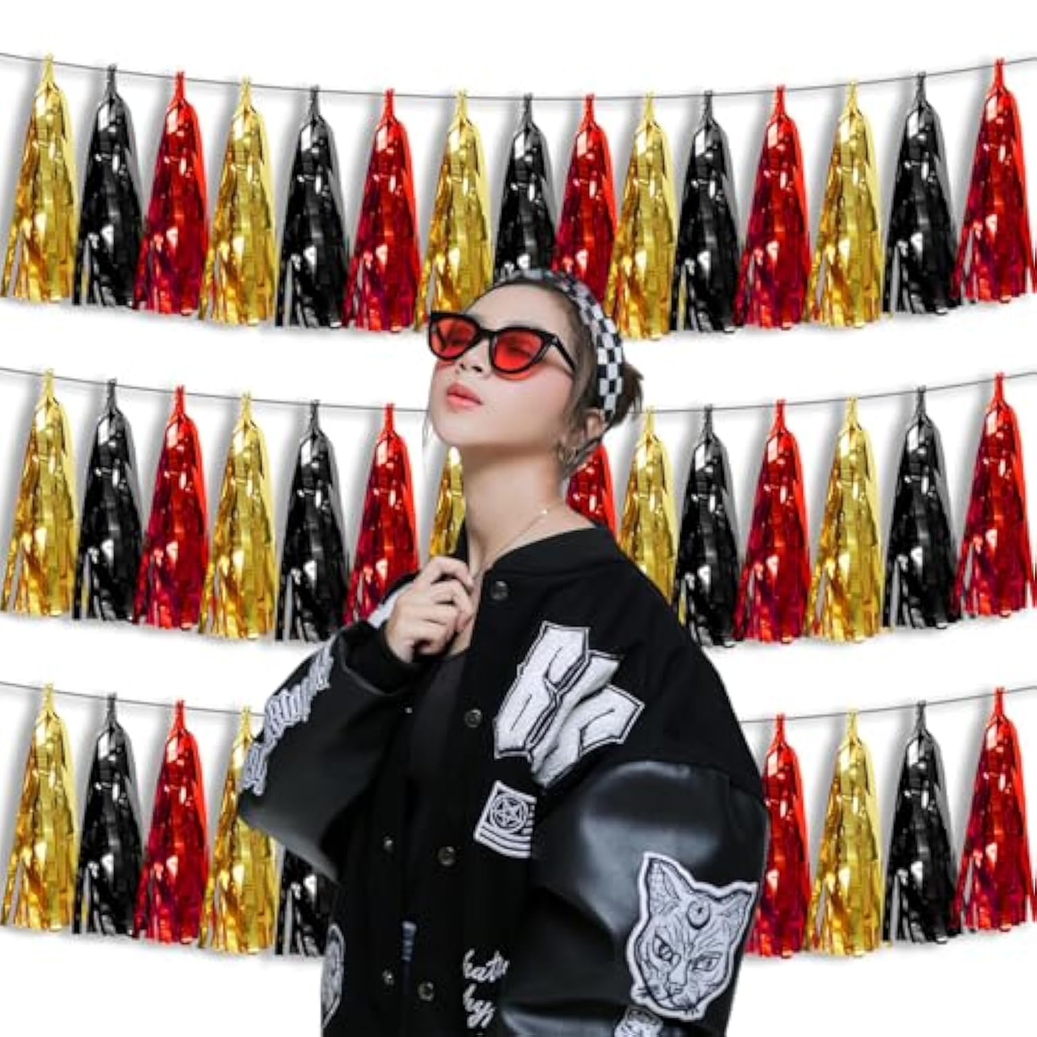 3P Metallic Fringe Banner Garland Foil Tinsel Streamer Wall Hanging Curtain Backdrop Banners For Parade Floats Graduation Decorations, Baby Bridal Shower Party Decoration(Red-Black Gold)