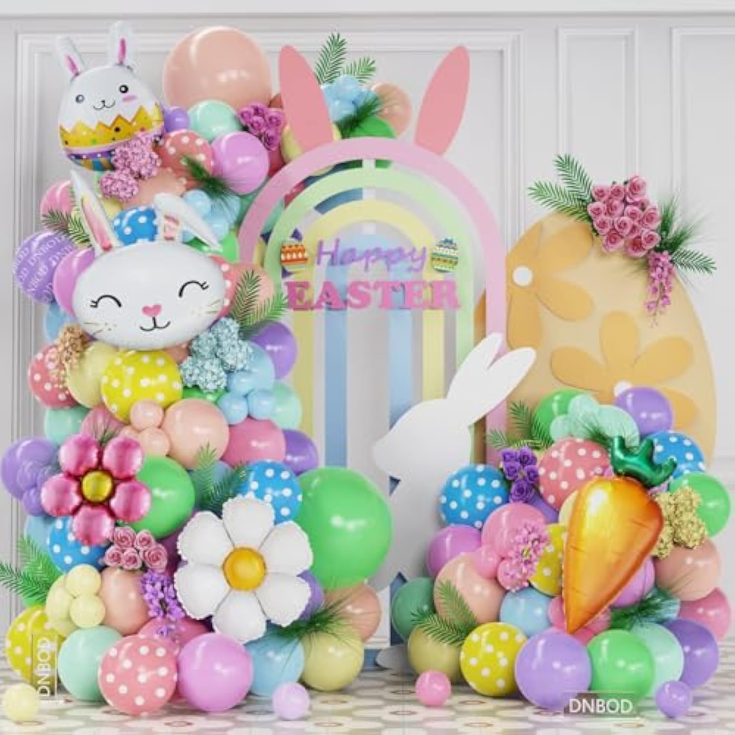 Pastel Easter Bunny Balloon Arch Kit,149Pcs Pastel Rainbow Balloon Garland With Easter Eggs,Bunny,Daisy,Carrot Foil Balloons For Baby Shower Fairy Princess Birthday Spring Tea Party Decoration