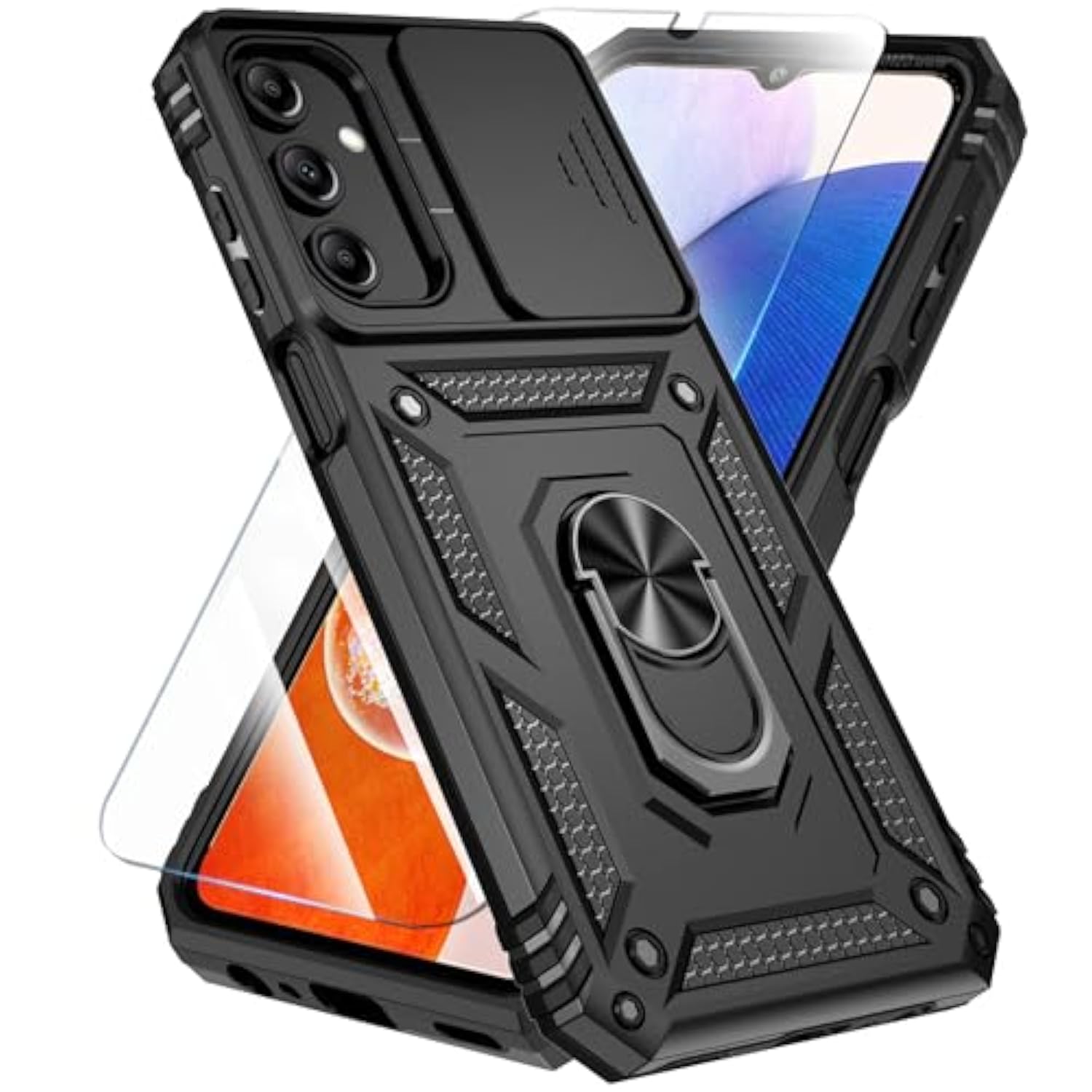 Phone Case For Samsung Galaxy A15 5G Case With Hd Screen Protector & Slide Camera Cover & Rotated Ring Kickstand, [Military-Grade] Phone Case For Galaxy A15 5G (Black)