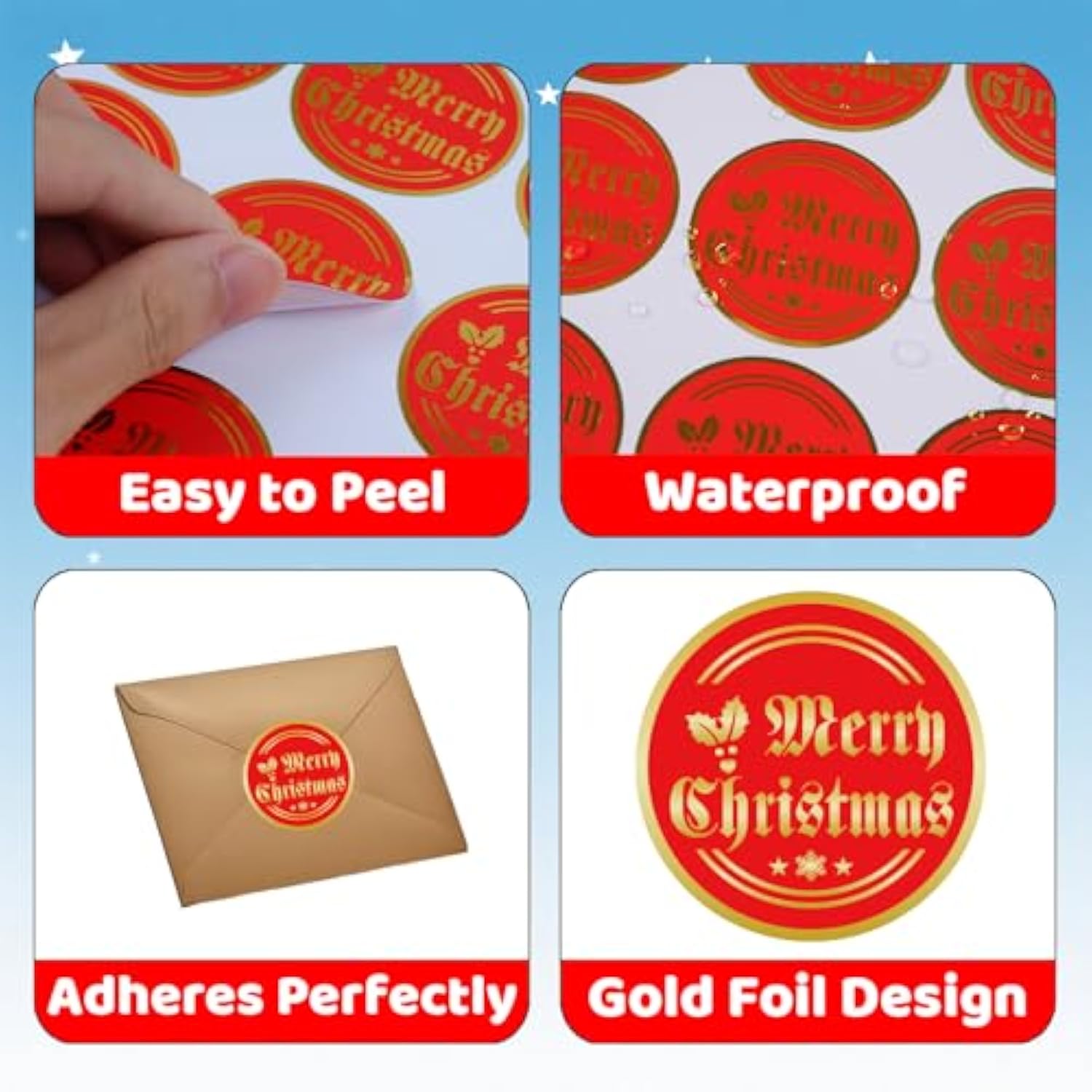 120Pcs Merry Christmas Stickers, 2" Large Christmas Stickers For Cards With Holly Snowflake, Gold Foil Xmas Stickers For Envelopes Boxes Goodie Bag Xmas Decorations