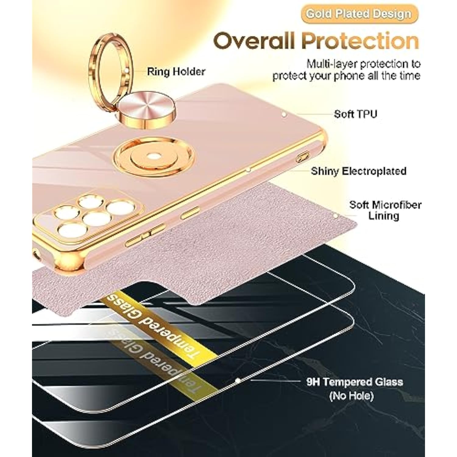 For Samsung A52 Phone Case: With Tempered Glass Screen Protector [2 Pack] 360° Rotatable Ring Holder Magnetic Kickstand, Plating Rose Gold Edge For Galaxy A52 5G Phone Case, Pink