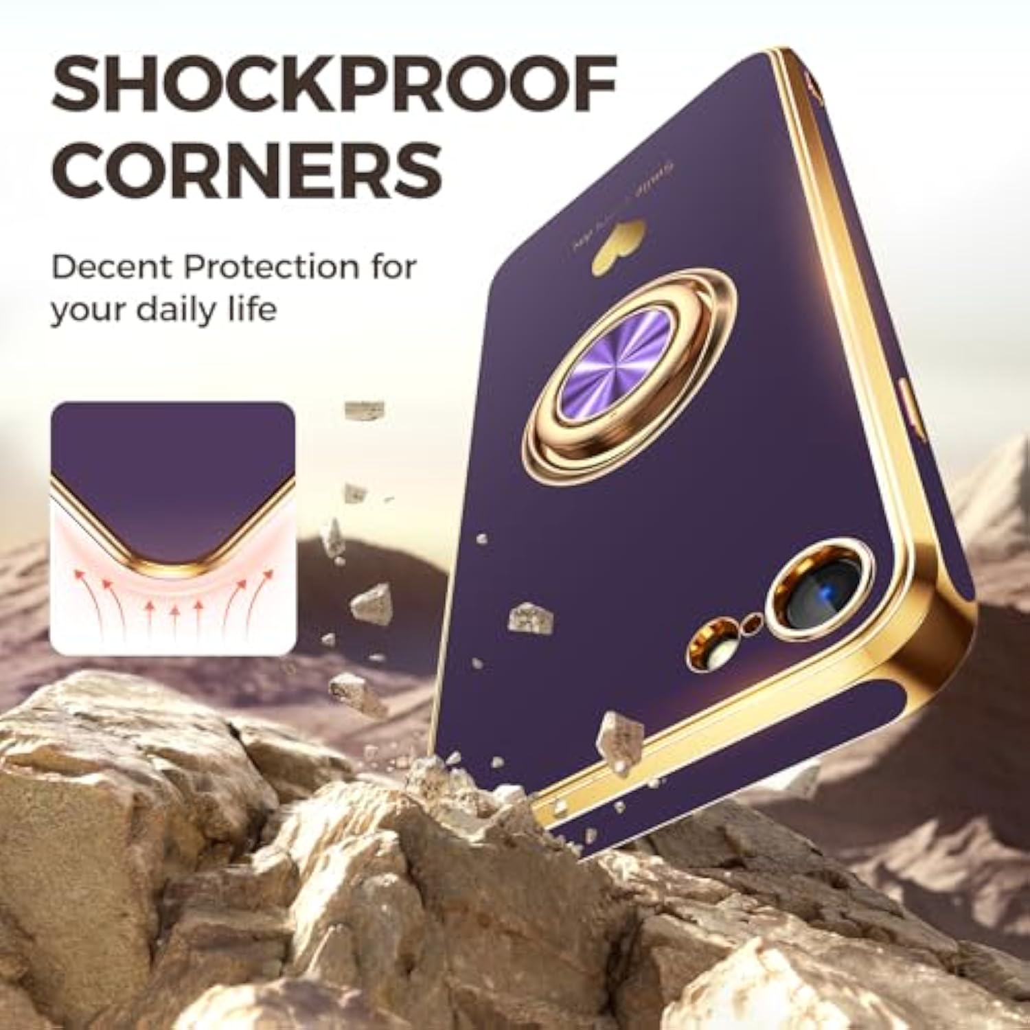 Compatible For Iphone Se/8/7 Case With 2 Pack Screen Protector, 360° Rotatable Ring Holder [Luxury Hearts Pattern] Plating Gold Edge Slim Soft Phone Case For Iphone Se/8/7 - Purple