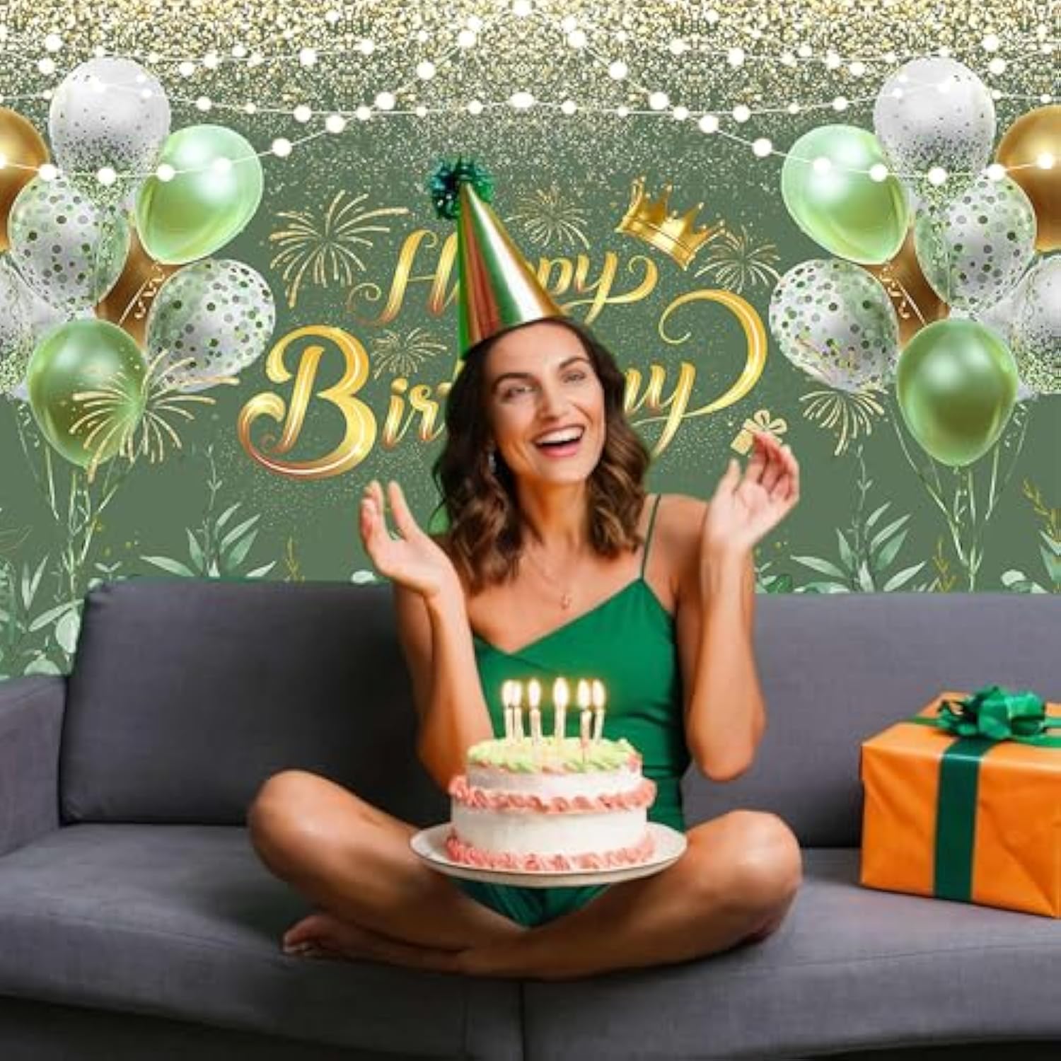 72x44" Greenery Sage Green Happy Birthday Banner Eucalyptus Glitter Backdrop Decor