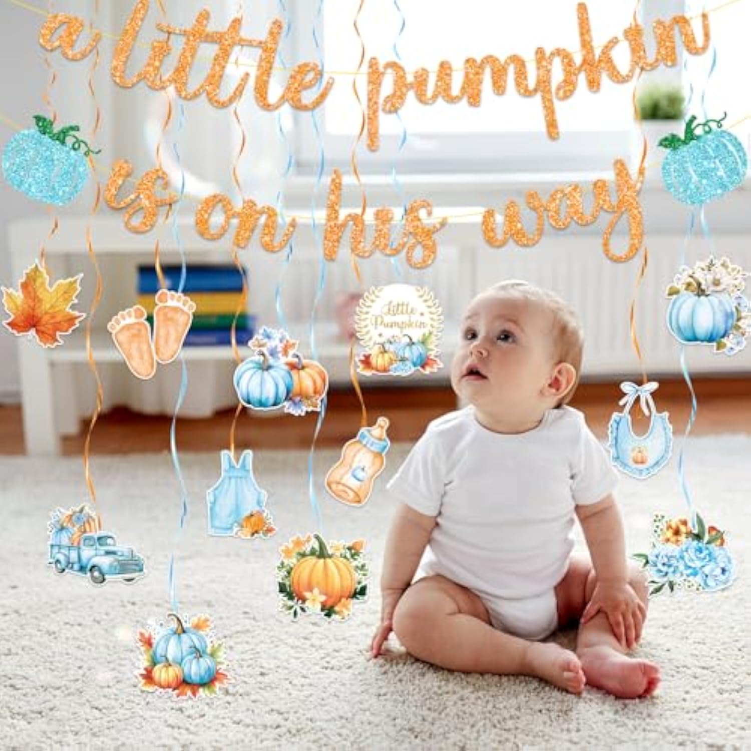 Little Pumpkin Baby Shower Decorations For Boy, Fall Blue Gender Reveal Decor, A Little Pumpkin Is On His Way Baby Shower Banner And Hanging Swirls