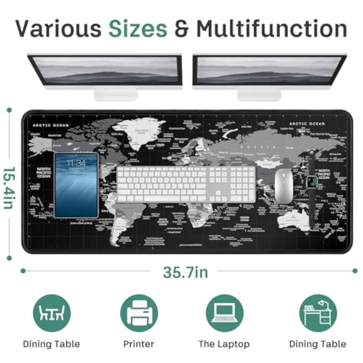 World Map Gaming Mouse Pad Black Desk Mat Pad Xxl Mouse Pads For Desk 35.4X15.7In Mousepad With Stitched Edges,Non-Slip Rubber Base,Waterproof Computer Keyboard Pad For Gamer,Office&Work