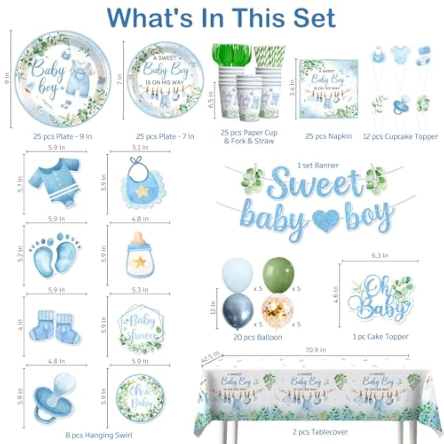 201Pcs Baby Shower Decorations Boy Tableware Set, 25 Serves Disposable Plates And Napkins Set, With 2Pcs Tablecloth, Cake Topper, Banner, Balloons For Baby Boy Shower Decorations