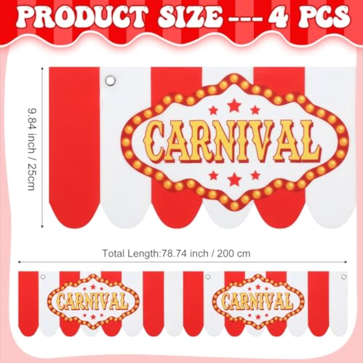 4 Pcs Carnival Awning Decorations Circus Tent Wall Decor Hanging Banners Red And White Stripe Canopy Stand Sign Circus Carnival Theme Party Supplies, 9.84 X 78.74