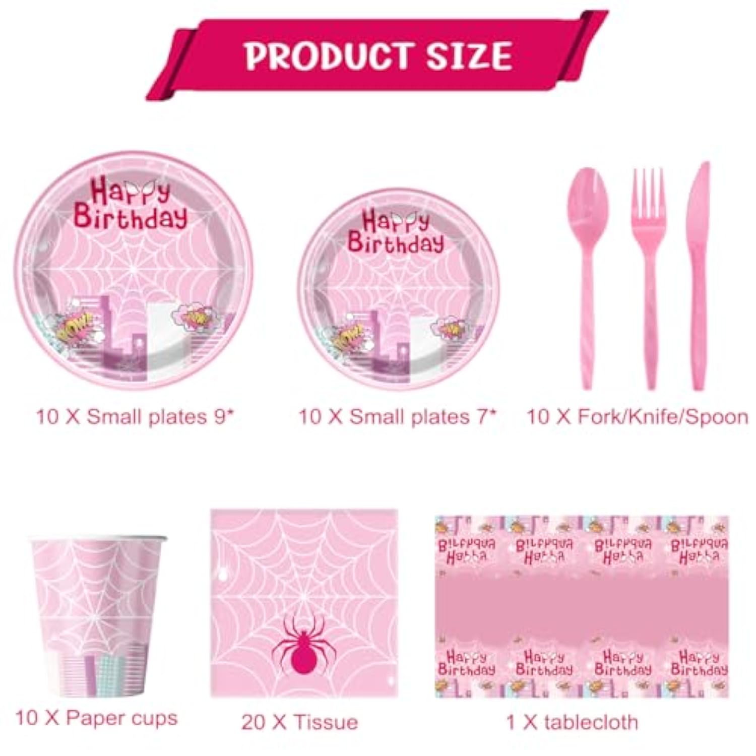 81 Pcs Pink Spider Party Tableware Set Girl Spider Birthday Party Supplies,Paper Plates,Napkins,Cup,Knives,Spoons And Forks
