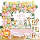 Safari Baby Shower Decorations For Girl, Jungle Themed Décor Backdrop Balloon Garland Arch Artificial Leaves Box Cutout Glitter Banner Cake Topper Sash Lion Cheetah Giraffe Pink 140 Pcs