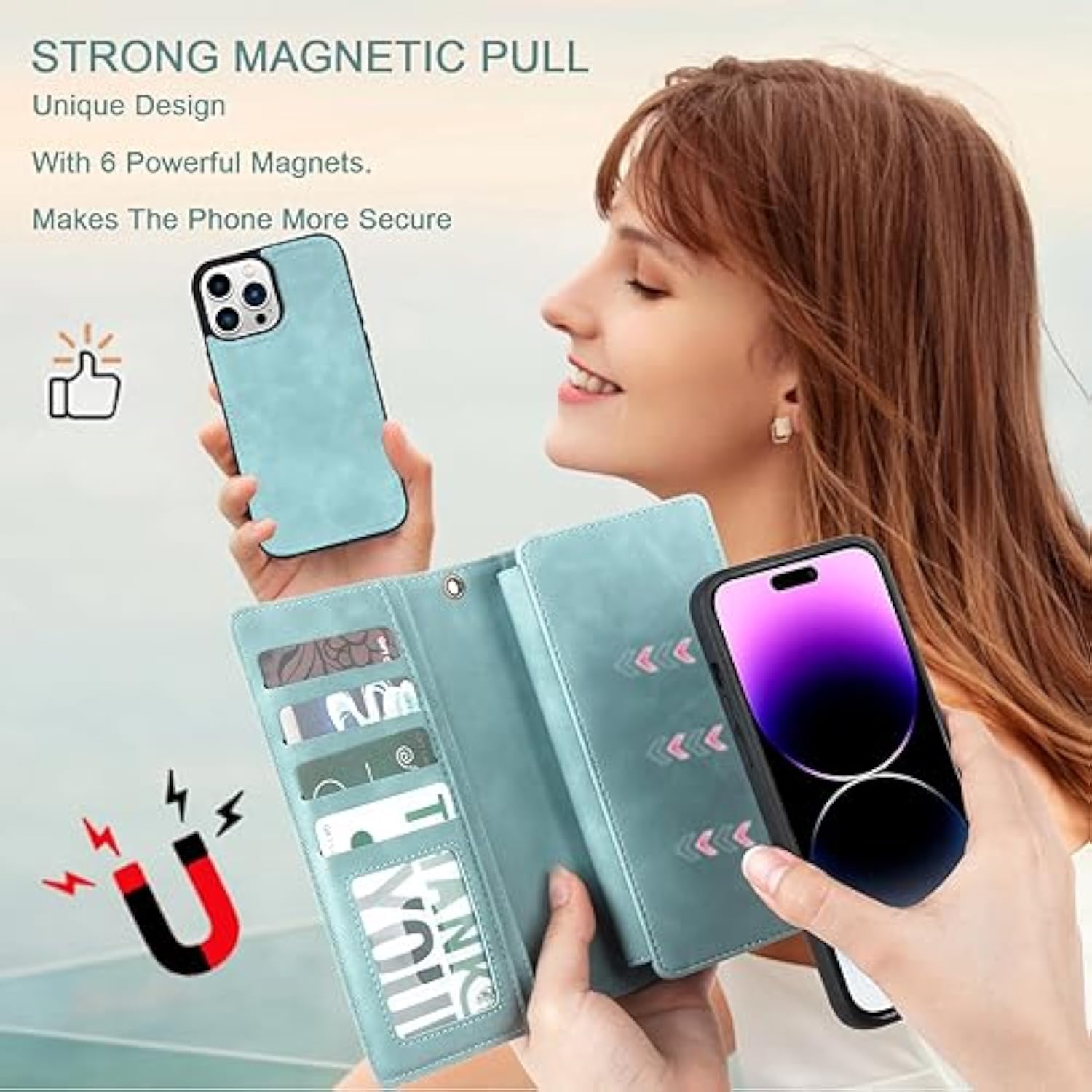 Wallet Case Compatible With Iphone 15 Pro Max,Detachable Magnetic Phone Case,All-Round Shockproof Protective Leather Phone Case With Card Holder,6.7 In,Blue