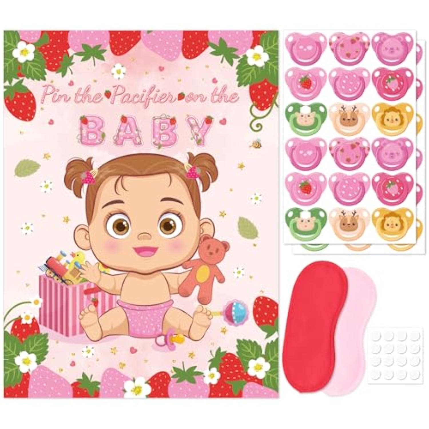 Pin The Pacifier On The Baby Game, Strawberry Baby Shower Decoration Include Sweet Poster Blindfold 36 Pacifier Stickers For Sweet Strawberry Birthday Party Decorations Baby Shower Activities Supplies