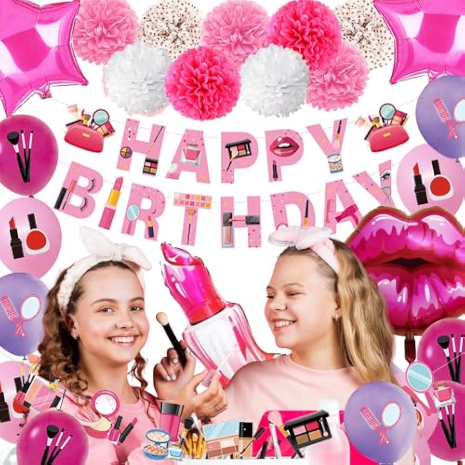 Makeup Party Supplies, 66Pcs Spa Party Decorations Set-Makeup Theme Party Decoration Happy Birthday Banner Happy Brirthday Makeup Birthday Cake Topper Kit, Party Decorations For Girls Women