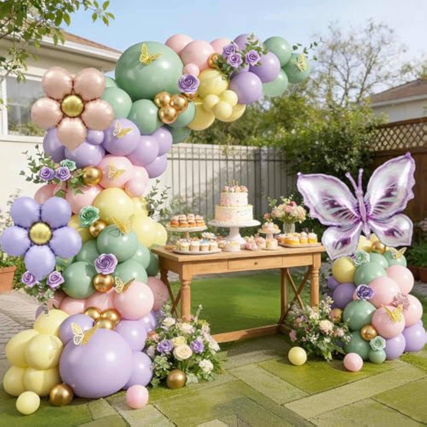 Spring Floral Butterfly Balloon Arch Kit,155Pcs Pastel Purple Yellow Pink Green Balloon Garland With 3D Stickers Daisy Butterfly Foil Balloons For Fairy Baby Shower Birthday Tea Party Decorations