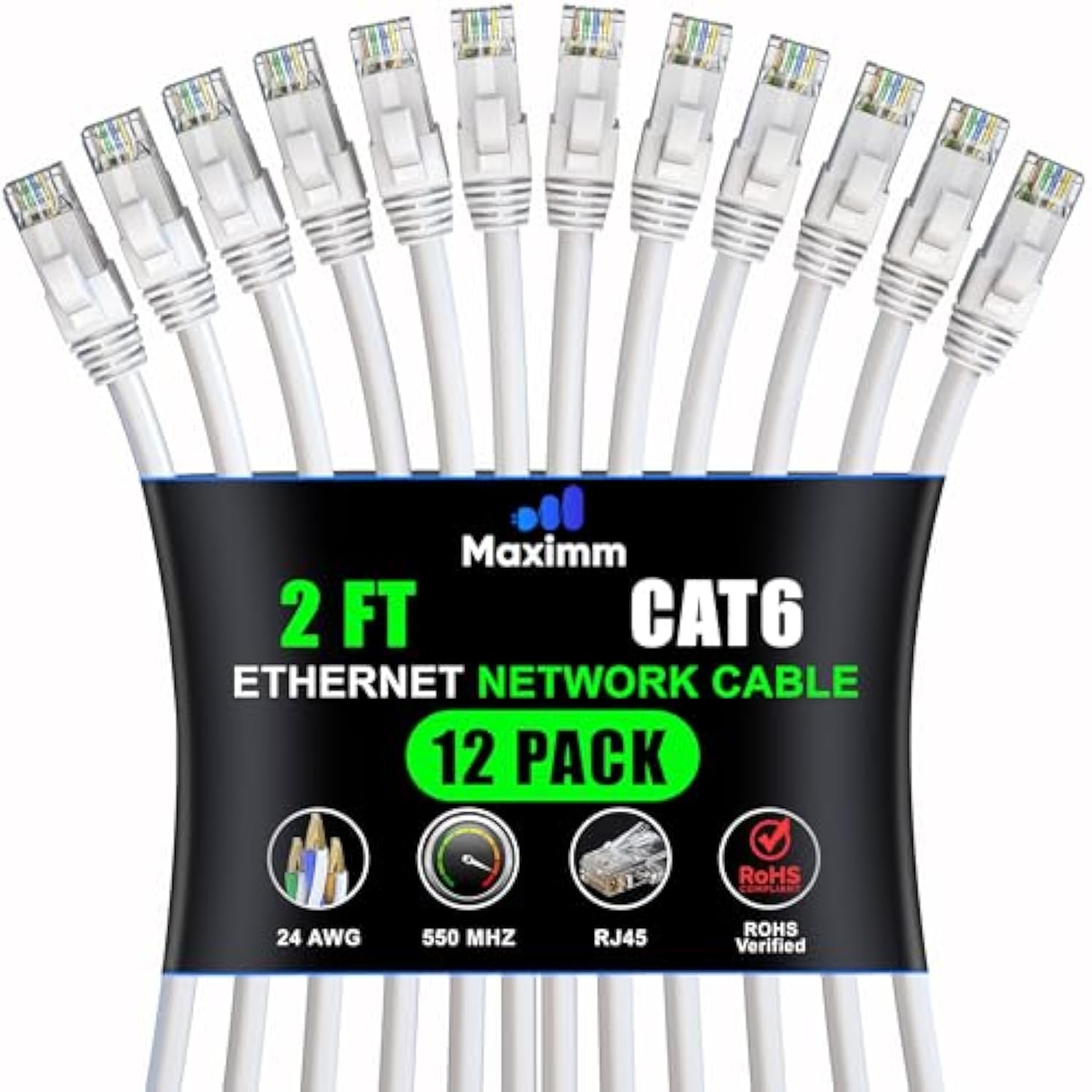 Maximm Cat 6 Ethernet Cable 2 Ft, (12-Pack) Cat6 Cable, LAN Cable, Internet Ca