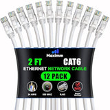Maximm Cat 6 Ethernet Cable 2 Ft, (12-Pack) Cat6 Cable, LAN Cable, Internet Ca