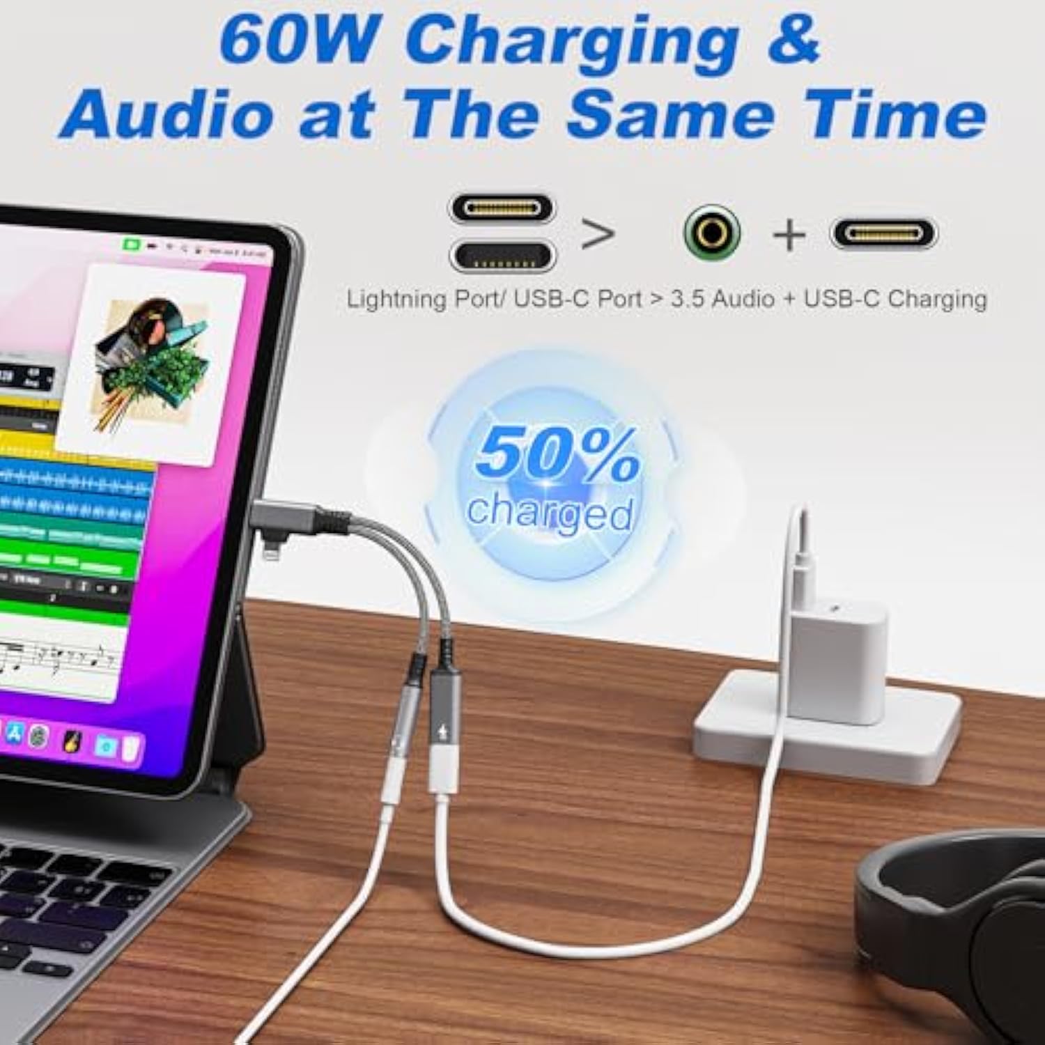 2 In 2 Lightning Splitter Headphone And Charging, Lightning To 3.5Mm Splitter, Usb C To 3.5Mm Jack Audio Adapter, Usb C Charger Dongle Dongle For Iphone 16/15/14/Galaxys22/Pixel