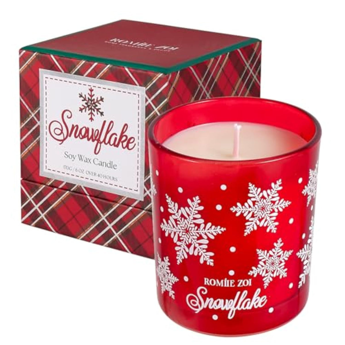 Christmas Scented Candle - 6Oz Soy Wax Candle, Snowflake, Infused With Frosty Snow & Pine Aroma - Scottish Plaid Red And Green Gift Box For Holiday Season Gift