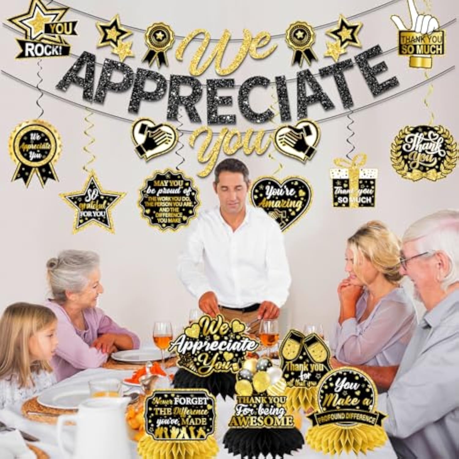 We Appreciate You Decorations, Black Gold Thank You Decorations Includes We Appreciate You Banner And Employee Appreciation Table Decorations And Hanging Swirls For Pastor Appreciation Decorations