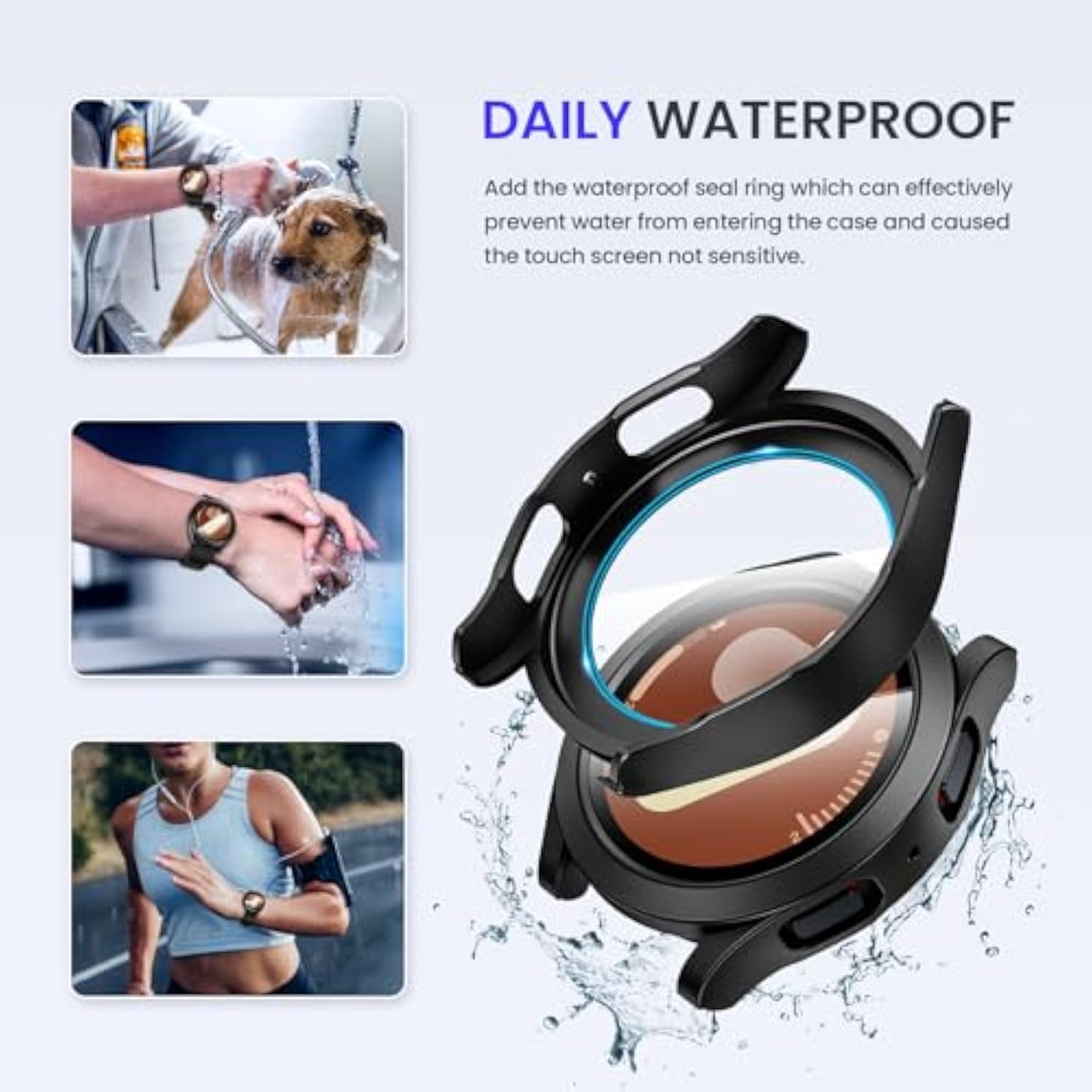 Waterproof Case For Samsung Galaxy Watch 7 Screen Protector 44Mm With Tempered Glass, 1-Pack Hard Pc Cover Bumper For Galaxy Watch7 – No Fog, Touch-Responsive, Black