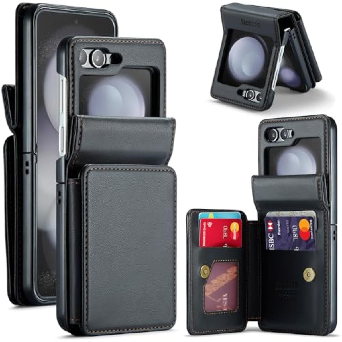 Samsung Galaxy Z Flip 5 Case,Rfid Blocking Leather Wallet Case With Card Holder Kickstand Slim Hard Shockproof Back Case For Galaxy Z Flip 5 5G 2023 (Black)