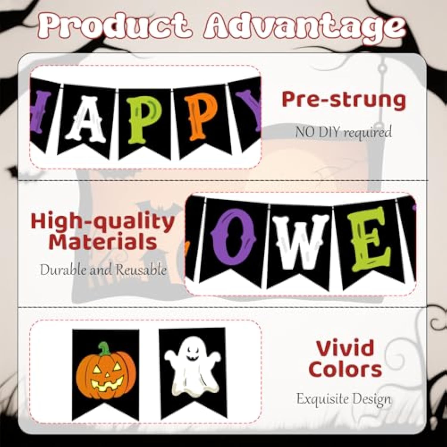 Happy Halloween Banner Pre-Strung with Pumpkin Ghost for Mantle Wall Fireplace Party Decor