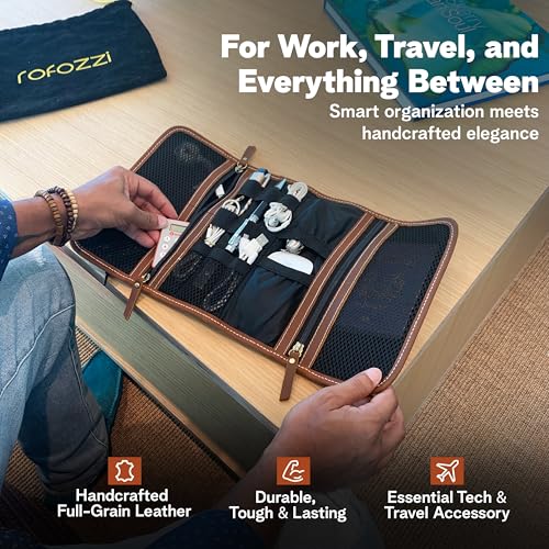 Leather Tech Pouch, Passport Holder For Travel, Cables Organizer Roll, Mesh Zippered Pockets For Usb Drive, Phone, Battery, Sd Card, Sim Card