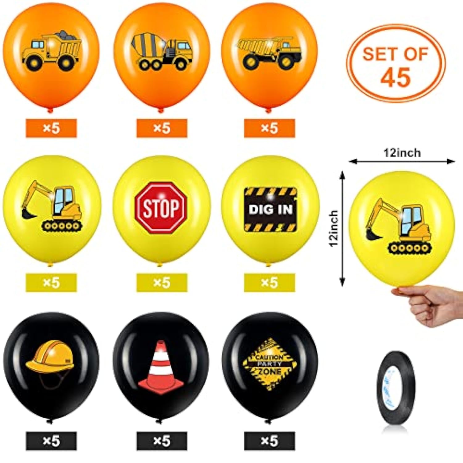 45 Pcs Construction Balloons – 12" Truck Party Decorations for Kids' Birthday or Traffic Theme