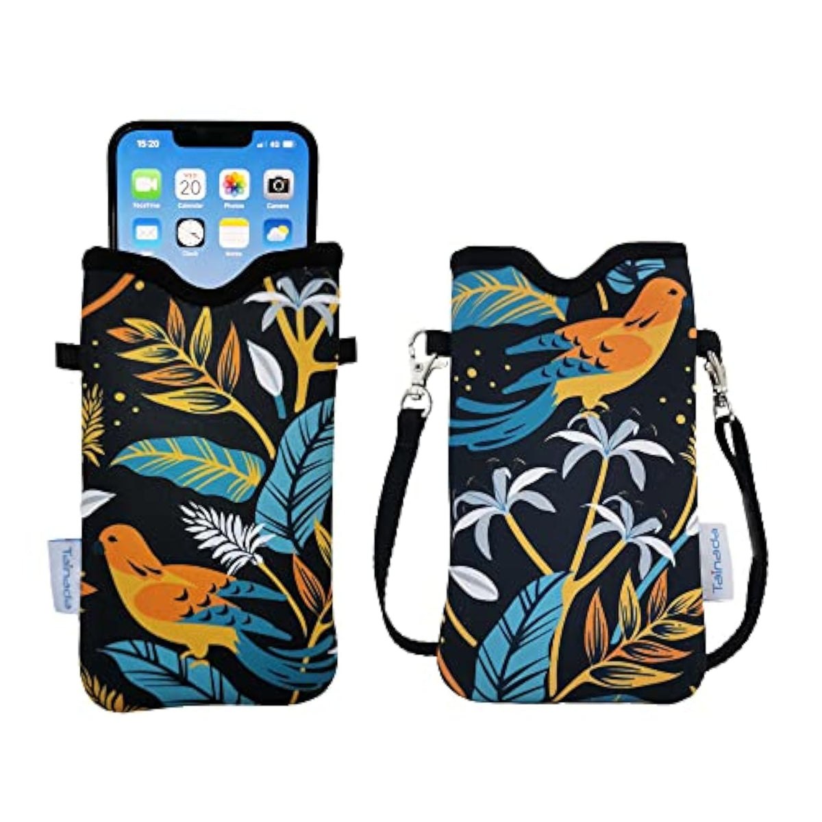 Neoprene Phone Sleeve Pouch with Crossbody Strap Navy Blue Floral