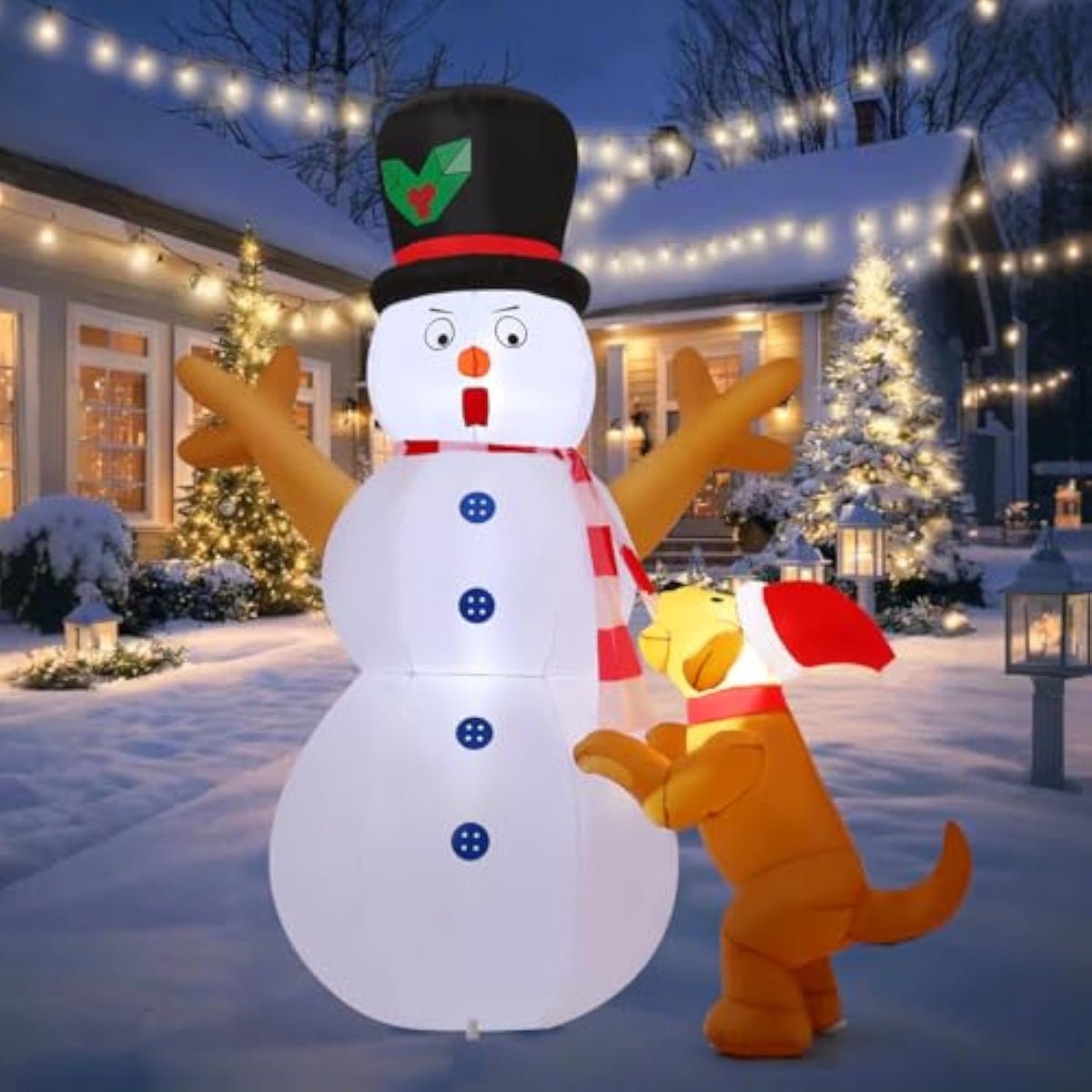 6 Ft Christmas Inflatables Snowman Decorations, Outdoor Christmas Snow Man& Dog Bites Scarf Yard Xmas Blow Up With Built