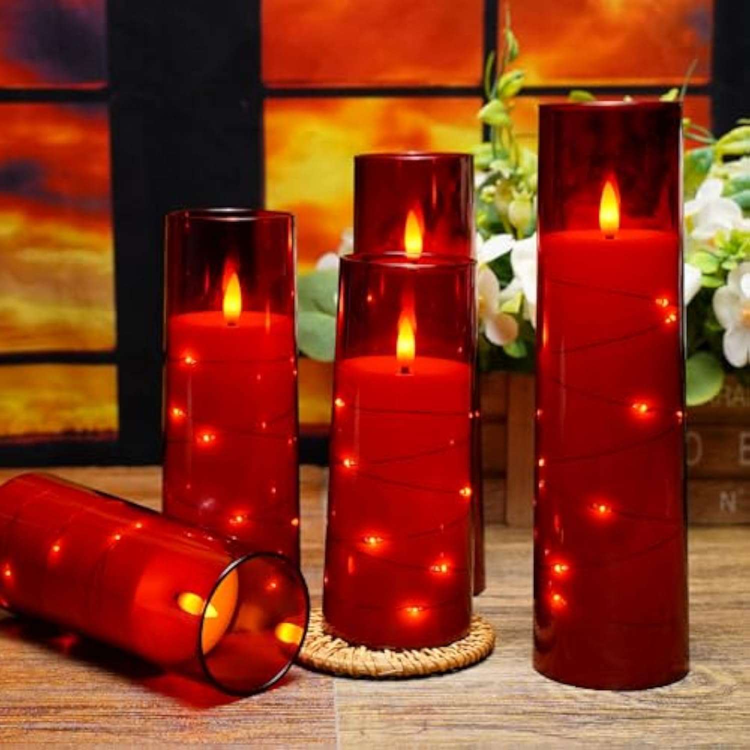 Flameless Led Candles With Timer 5 Pc Flickering Flameless Candles For Romantic Ambiance And Home Decoration Stable Acrylic Shell,With Embedded Star String?Battery Operated Candles?Red?