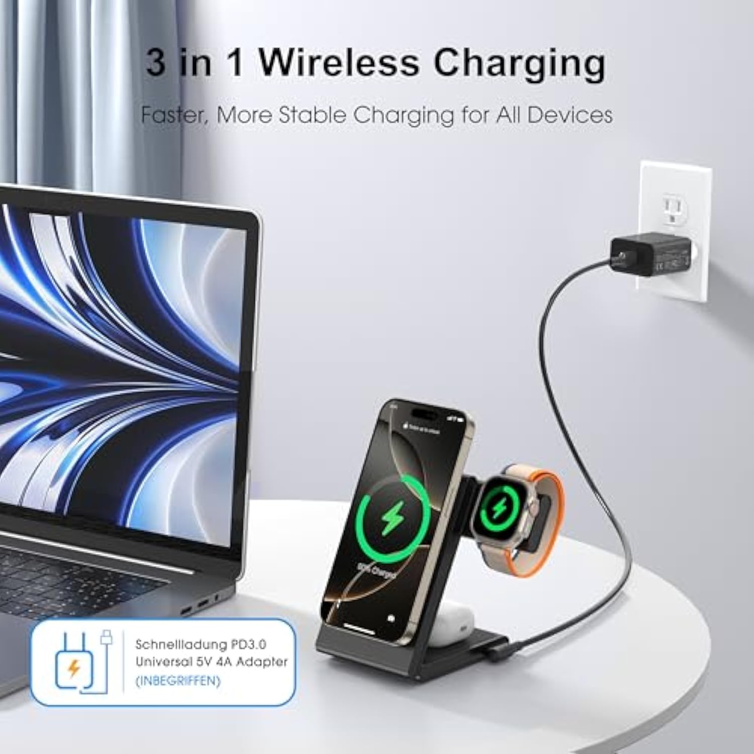3 In 1 Wireless Charging Station For Multiple Devices, Fast Foldable Travel Mag-Safe Stand For Iphone 16/15/14/13/12/Series, Magnetic Charger For Apple Watch 10/Ultra 2/Airpods 4 With 20W Adapter