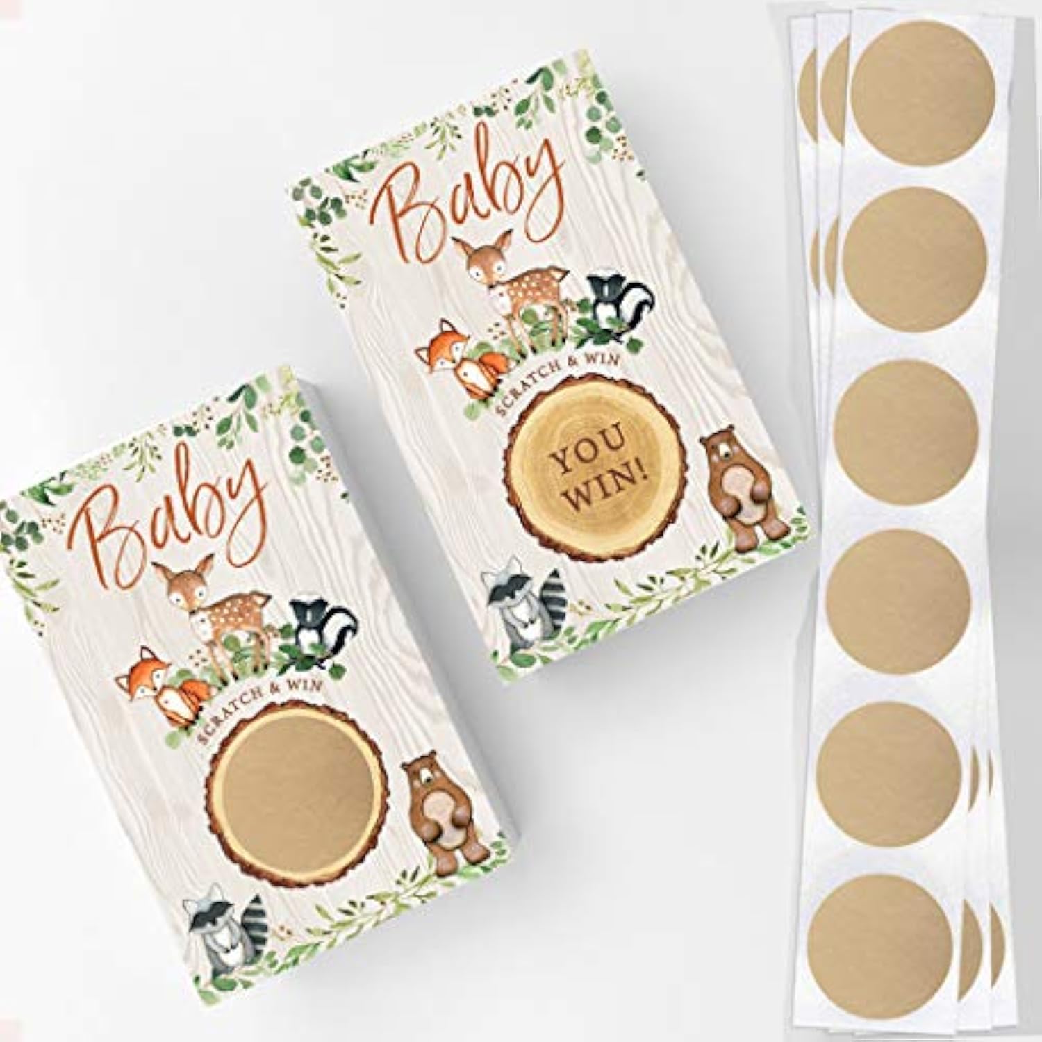 Baby Shower Game – Woodland Scratch Off Cards For Boy Or Girl, Forest Animal Theme, 30 Cards & Stickers