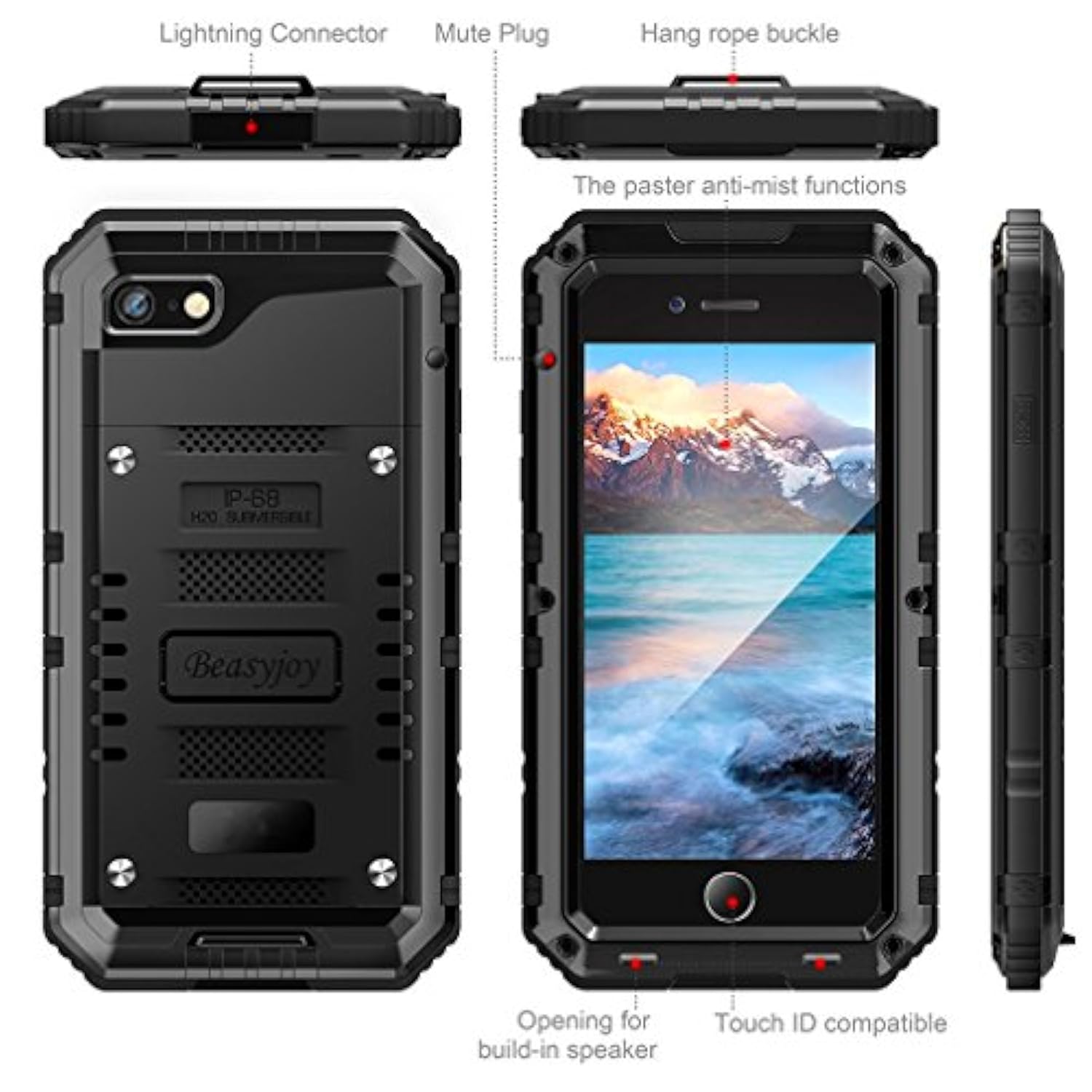 For Iphone Se 2022/2020/ 8/7 Metal Case, Waterproof Heavy Duty Case With Screen Protector, Full Body Protection Grade Shockproof Defender Durable Sturdy Rugged Aluminum Cover, Black