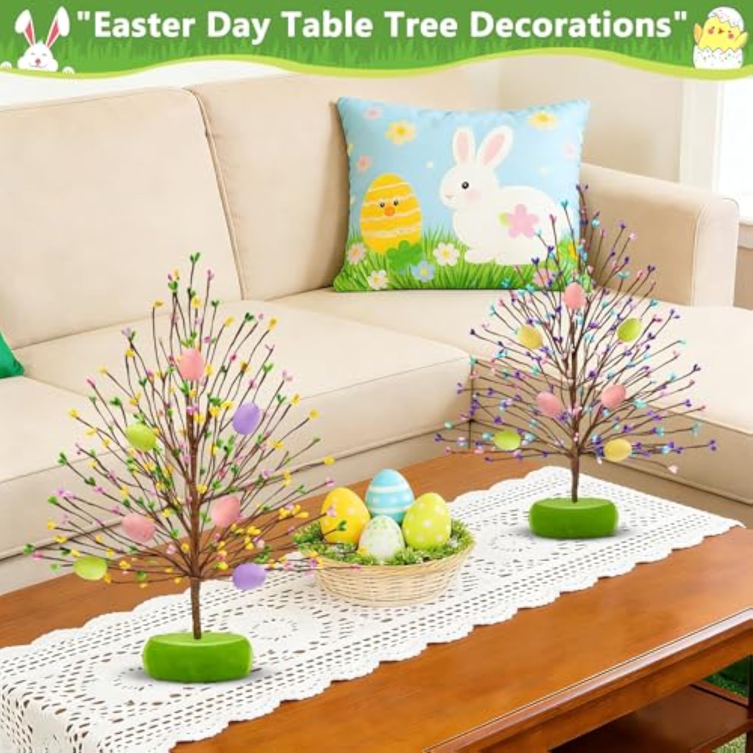 Easter Decorations 2 Pack Easter Tree With 14 Pastel Eggs Ornaments And Floral Berry Blossom, 15'' Tabletop Artificial Tree Easter Decor For Spring Party Table Centerpiece Room Home