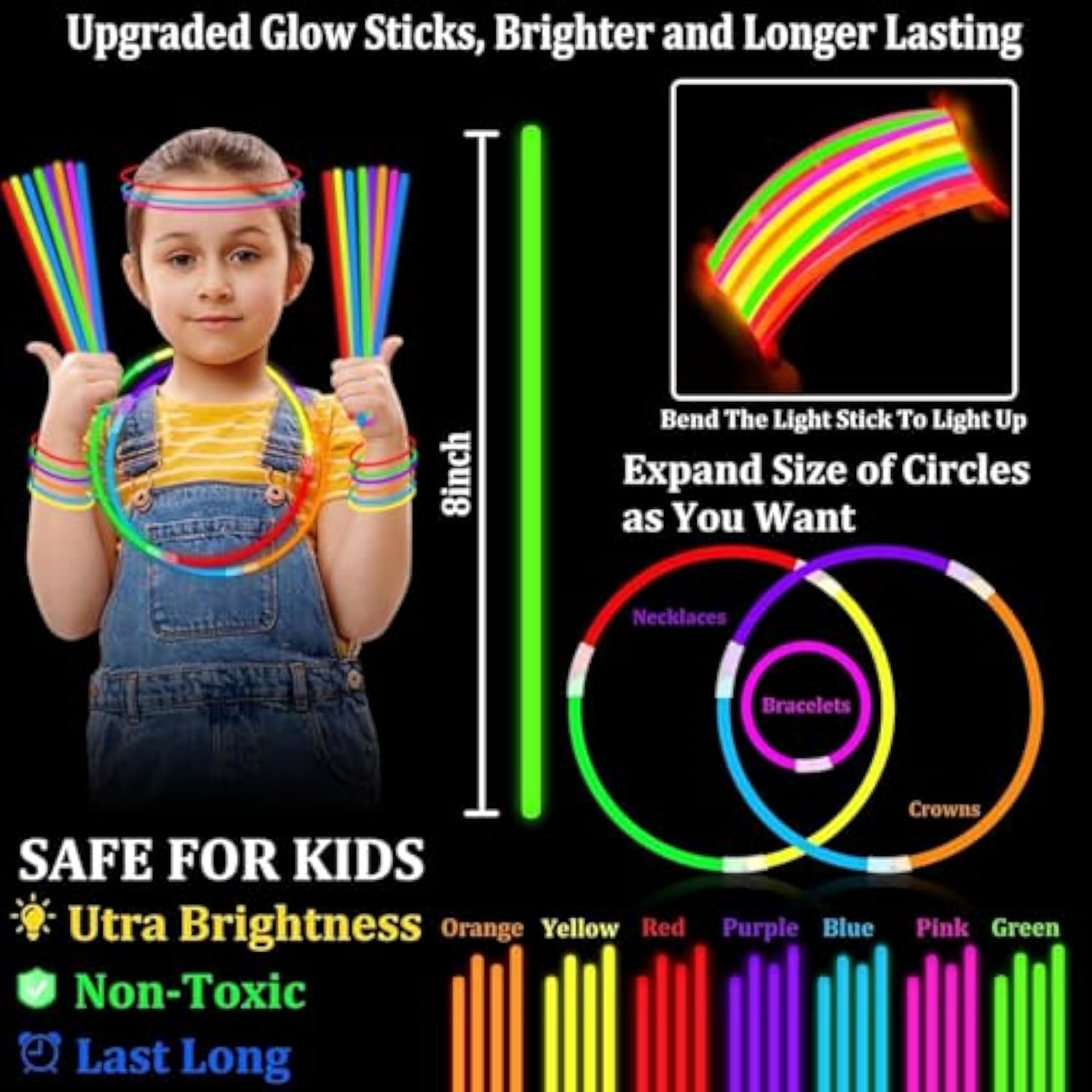 500pc Ultra-Bright Glow Stick Bulk Pack 8" Necklaces & Bracelets for NYE